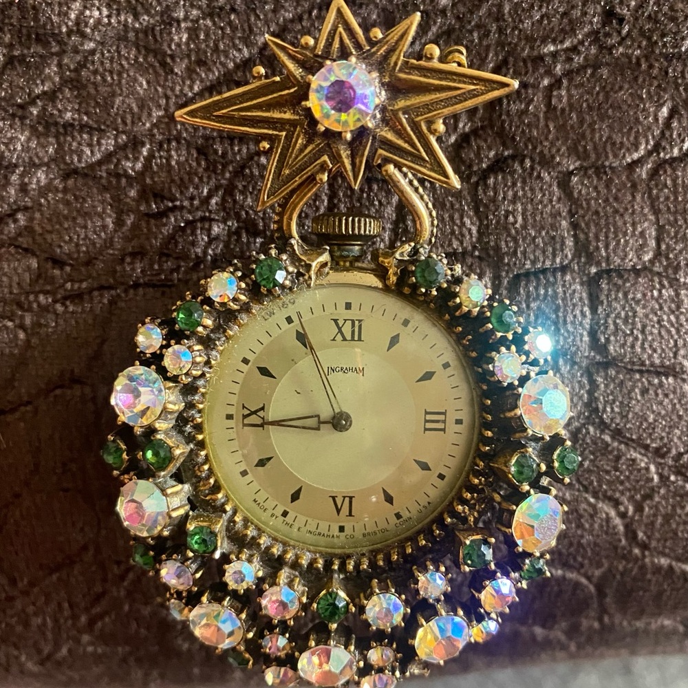 Vintage Ingraham Jeweled Star Brooch Pocket Watch